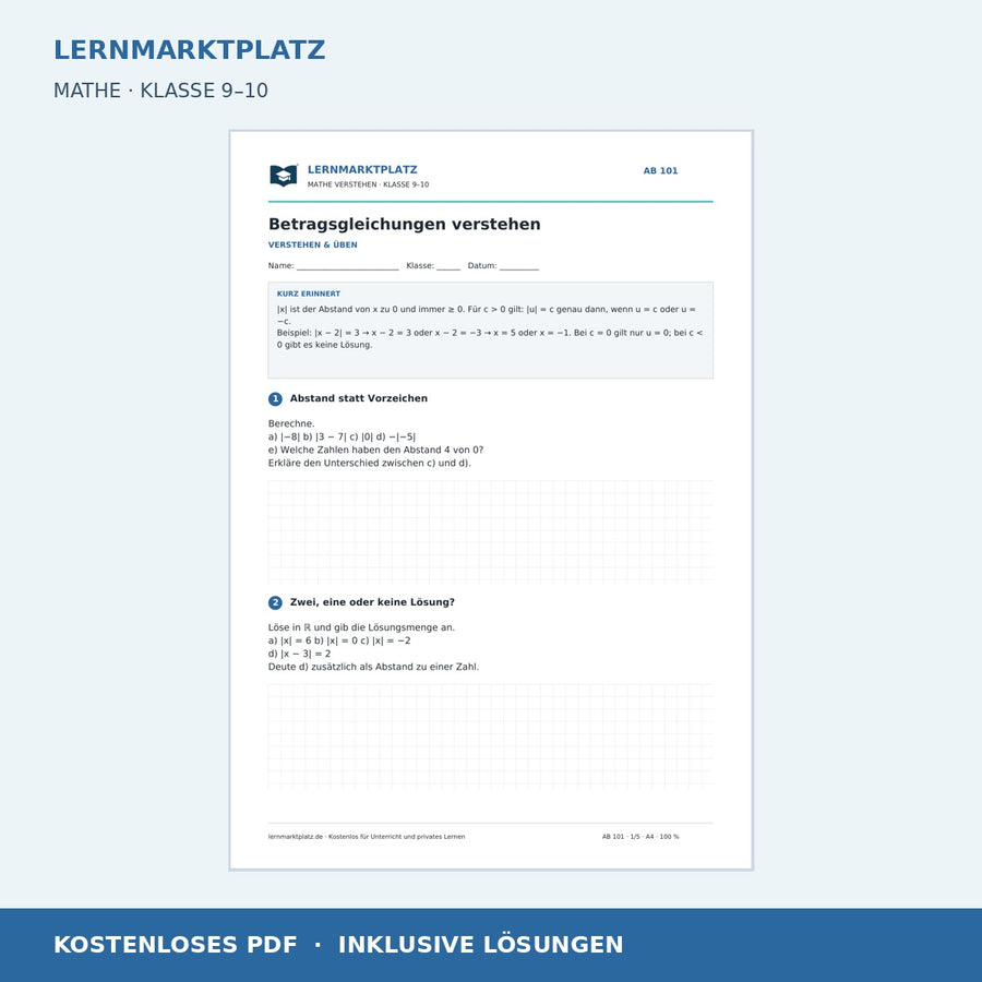 Betragsgleichungen verstehen – kostenloses Mathe-Arbeitsblatt mit Lösungen (PDF)