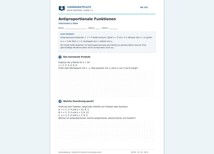 Antiproportionale Funktionen – kostenloses Mathe-Arbeitsblatt mit Lösungen (PDF)