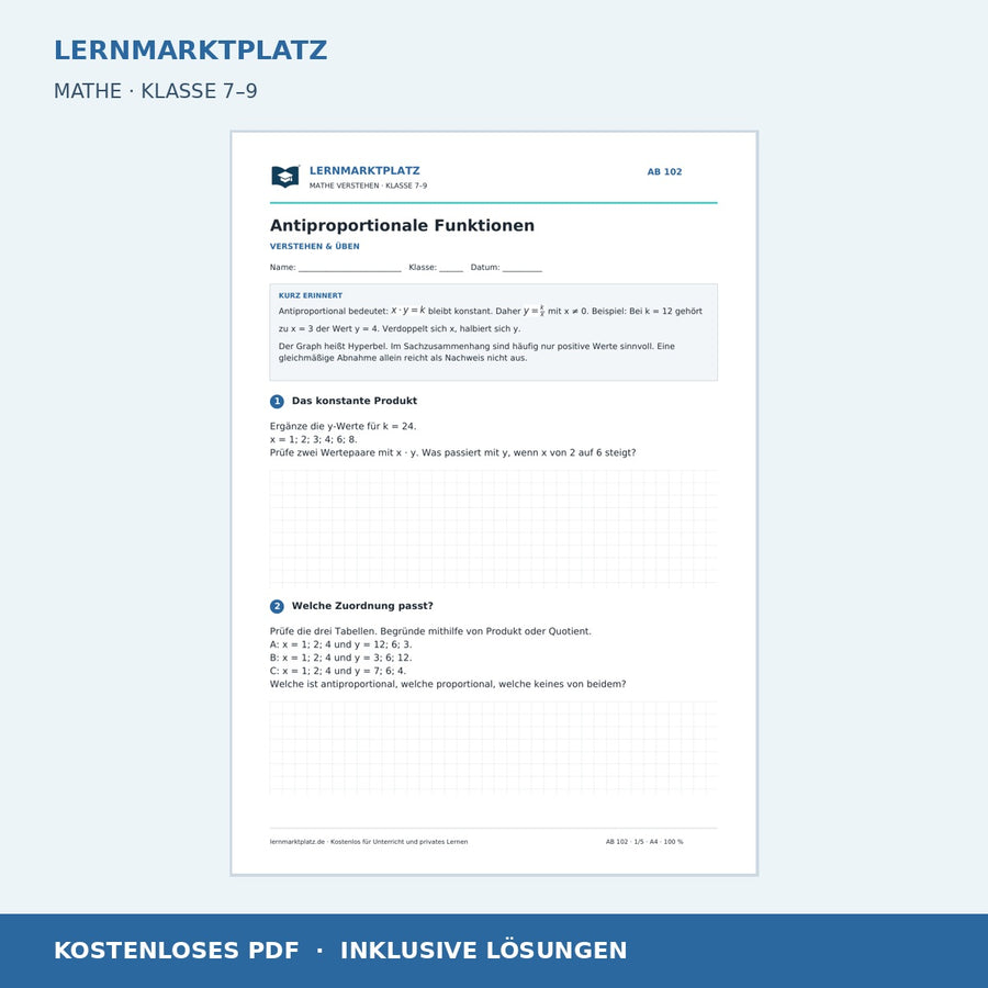 Antiproportionale Funktionen – kostenloses Mathe-Arbeitsblatt mit Lösungen (PDF)