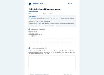 Einheitskreis und Kosinusfunktion – kostenloses Mathe-Arbeitsblatt mit Lösungen (PDF)