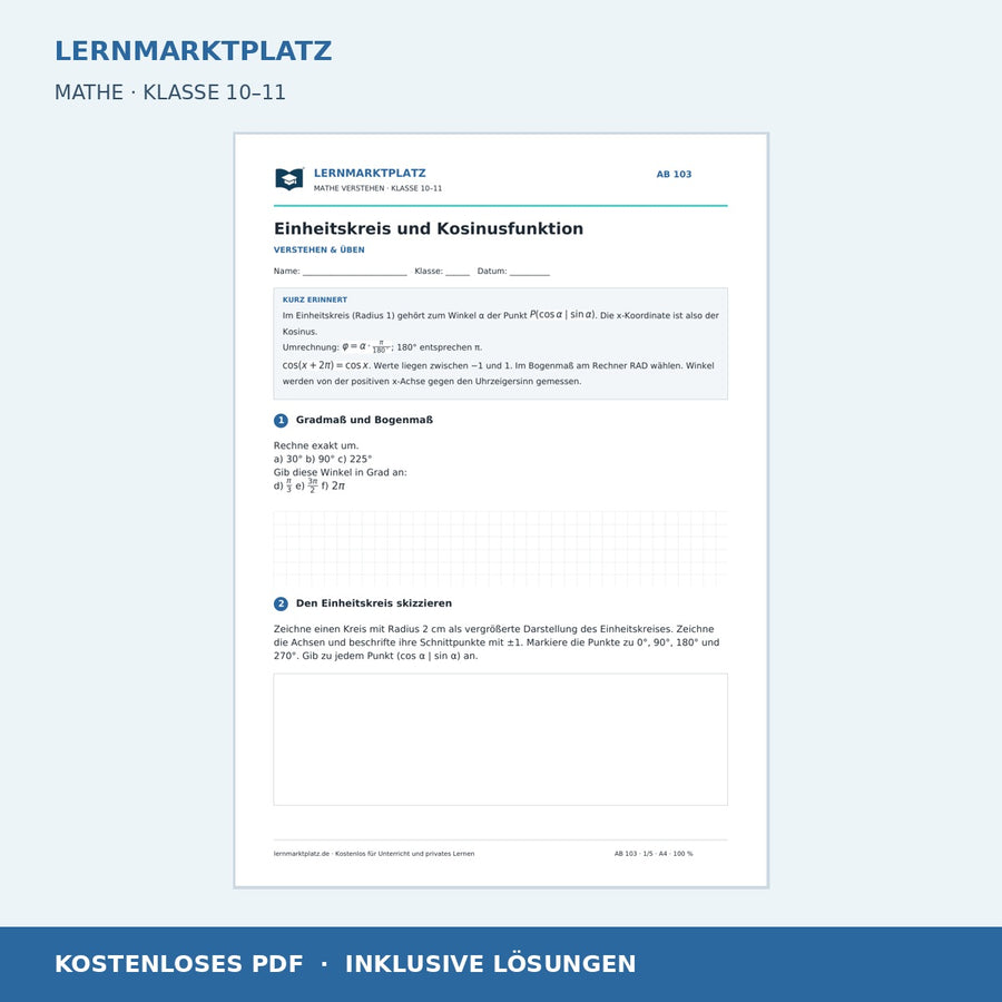 Einheitskreis und Kosinusfunktion – kostenloses Mathe-Arbeitsblatt mit Lösungen (PDF)