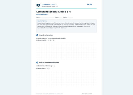 Lernstandscheck: Klasse 5–6 – kostenloses Mathe-Arbeitsblatt mit Lösungen (PDF)