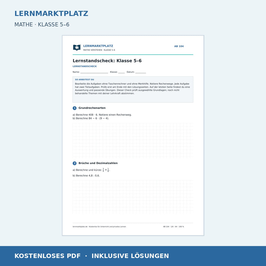 Lernstandscheck: Klasse 5–6 – kostenloses Mathe-Arbeitsblatt mit Lösungen (PDF)