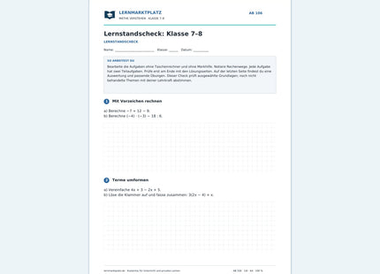 Lernstandscheck: Klasse 7–8 – kostenloses Mathe-Arbeitsblatt mit Lösungen (PDF)