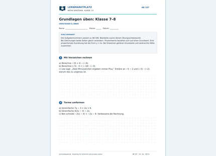 Grundlagen üben: Klasse 7–8 – kostenloses Mathe-Arbeitsblatt mit Lösungen (PDF)