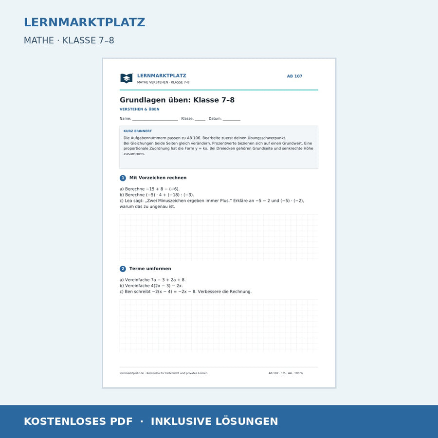 Grundlagen üben: Klasse 7–8 – kostenloses Mathe-Arbeitsblatt mit Lösungen (PDF)