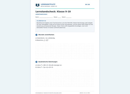 Lernstandscheck: Klasse 9–10 – kostenloses Mathe-Arbeitsblatt mit Lösungen (PDF)