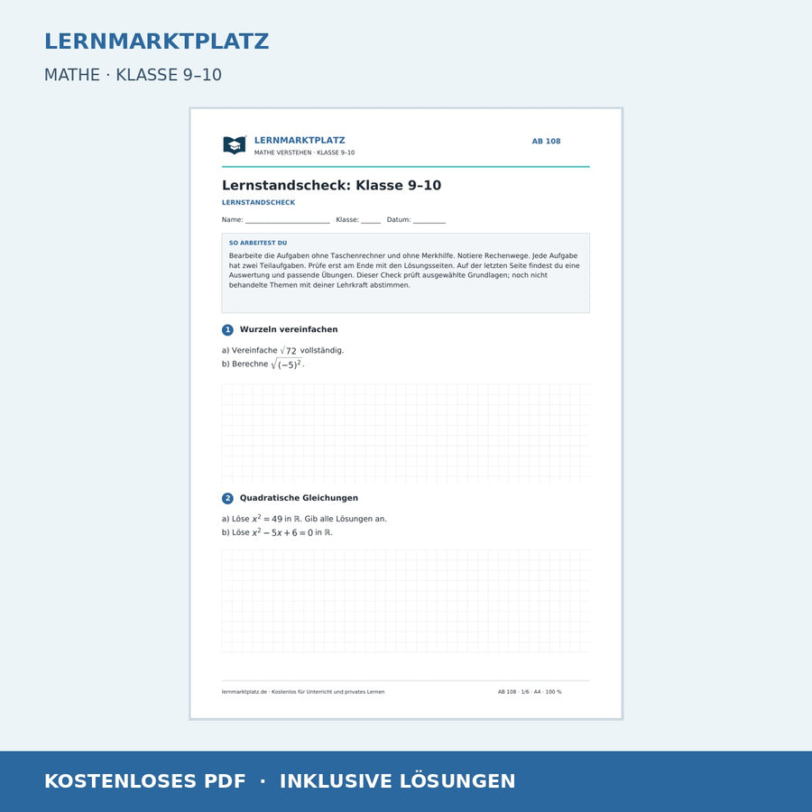 Lernstandscheck: Klasse 9–10 – kostenloses Mathe-Arbeitsblatt mit Lösungen (PDF)