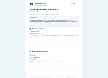 Grundlagen üben: Klasse 9–10 – kostenloses Mathe-Arbeitsblatt mit Lösungen (PDF)