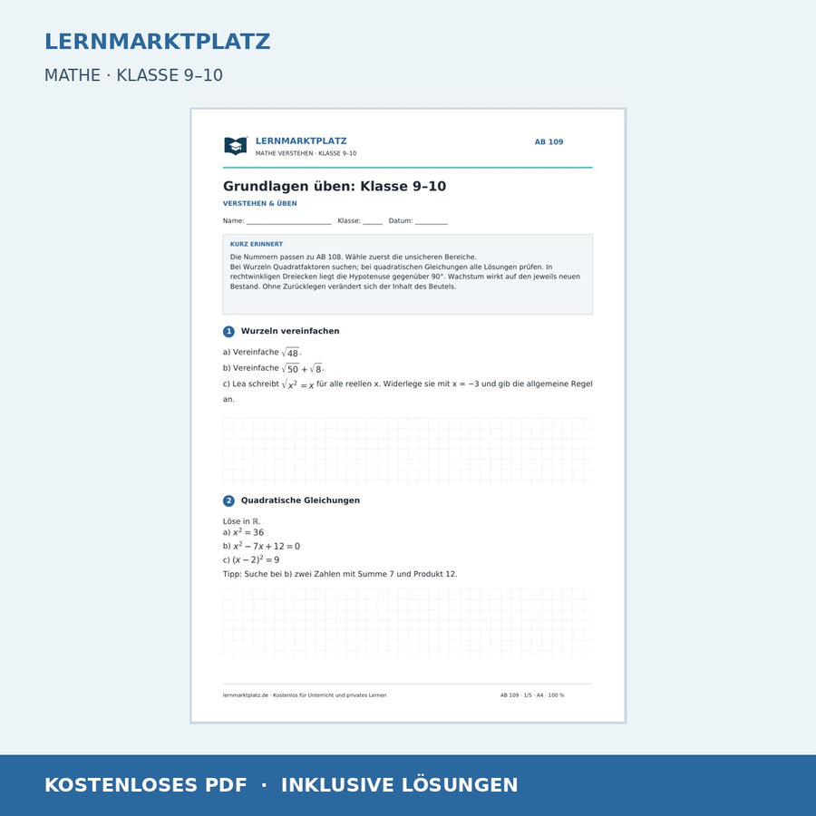 Grundlagen üben: Klasse 9–10 – kostenloses Mathe-Arbeitsblatt mit Lösungen (PDF)