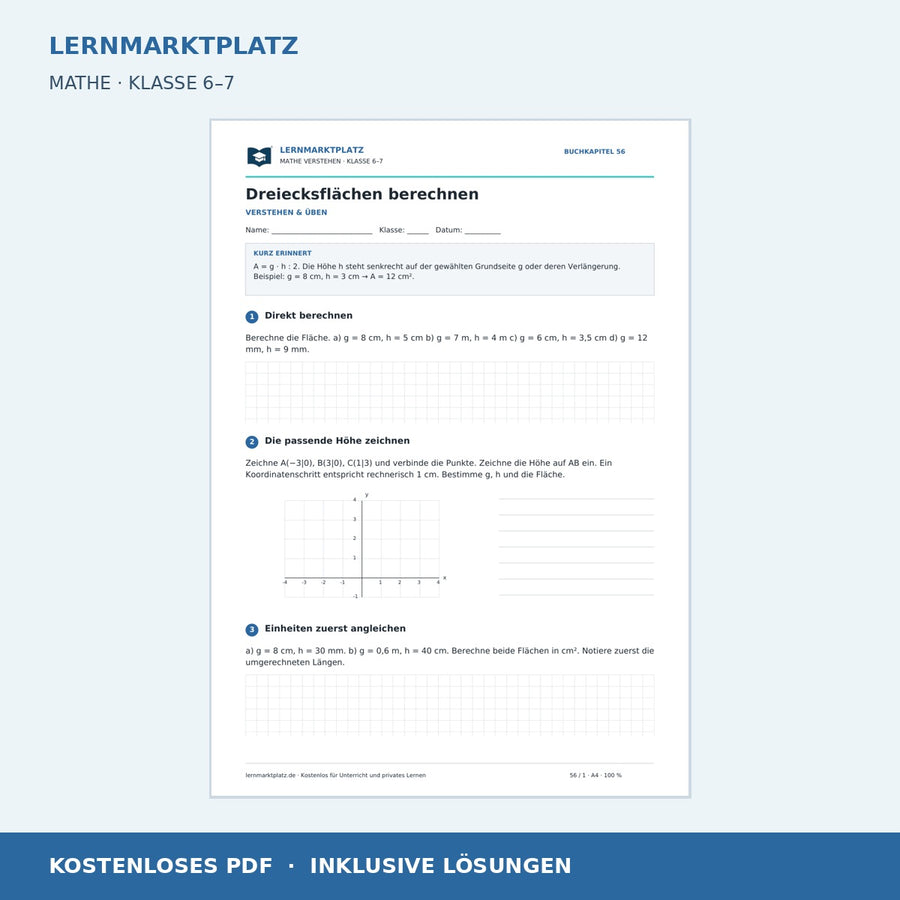 Dreiecksflächen berechnen – kostenloses Mathe-Arbeitsblatt mit Lösungen (PDF) – Vorschau