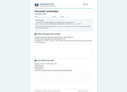 Sinussatz anwenden – kostenloses Mathe-Arbeitsblatt mit Lösungen (PDF)