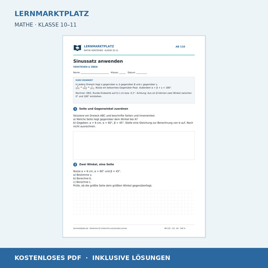 Sinussatz anwenden – kostenloses Mathe-Arbeitsblatt mit Lösungen (PDF)