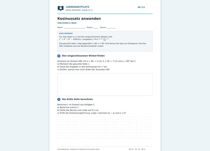 Kosinussatz anwenden – kostenloses Mathe-Arbeitsblatt mit Lösungen (PDF)