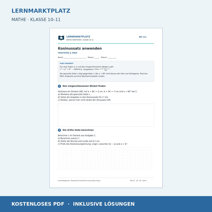 Kosinussatz anwenden – kostenloses Mathe-Arbeitsblatt mit Lösungen (PDF)