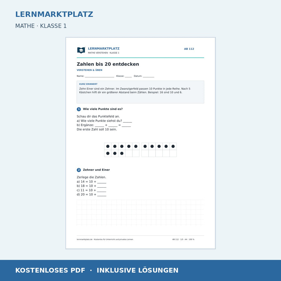 Zahlen bis 20 entdecken – kostenloses Mathe-Arbeitsblatt mit Lösungen (PDF)
