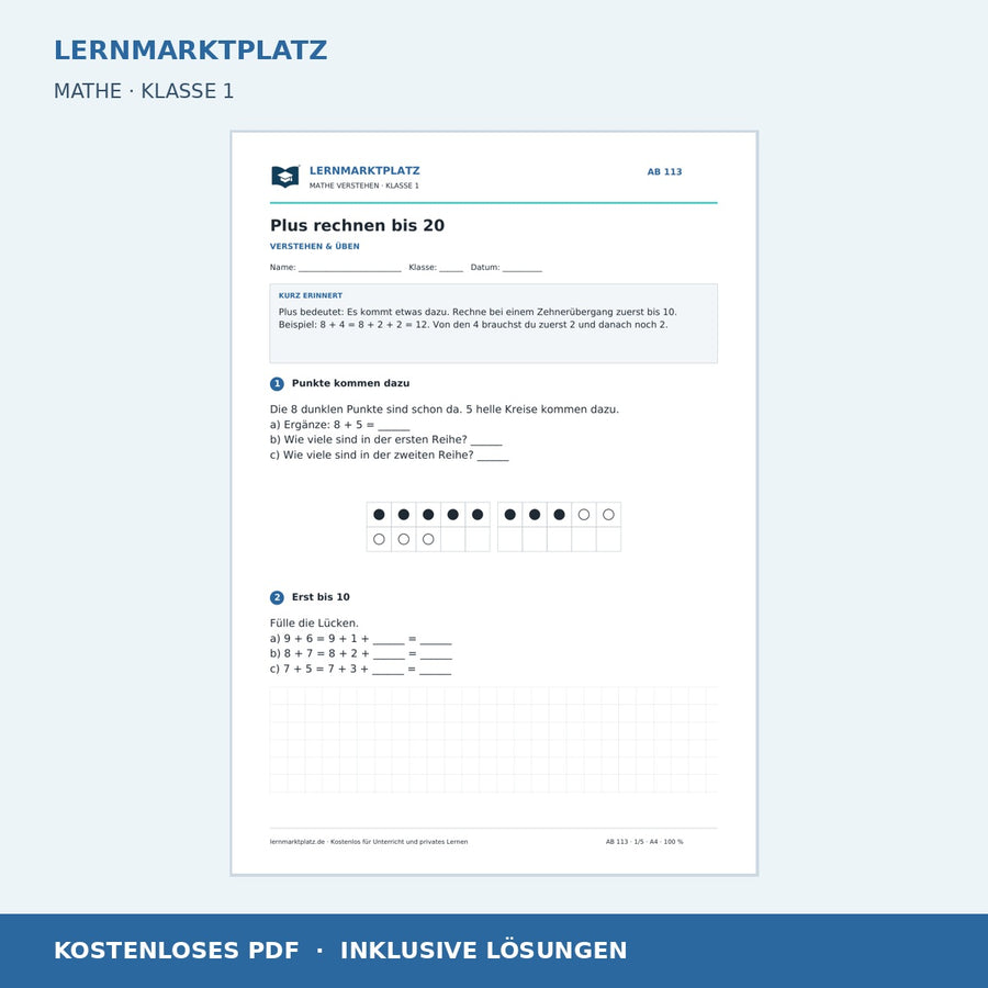 Plus rechnen bis 20 – kostenloses Mathe-Arbeitsblatt mit Lösungen (PDF)