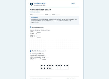 Minus rechnen bis 20 – kostenloses Mathe-Arbeitsblatt mit Lösungen (PDF)