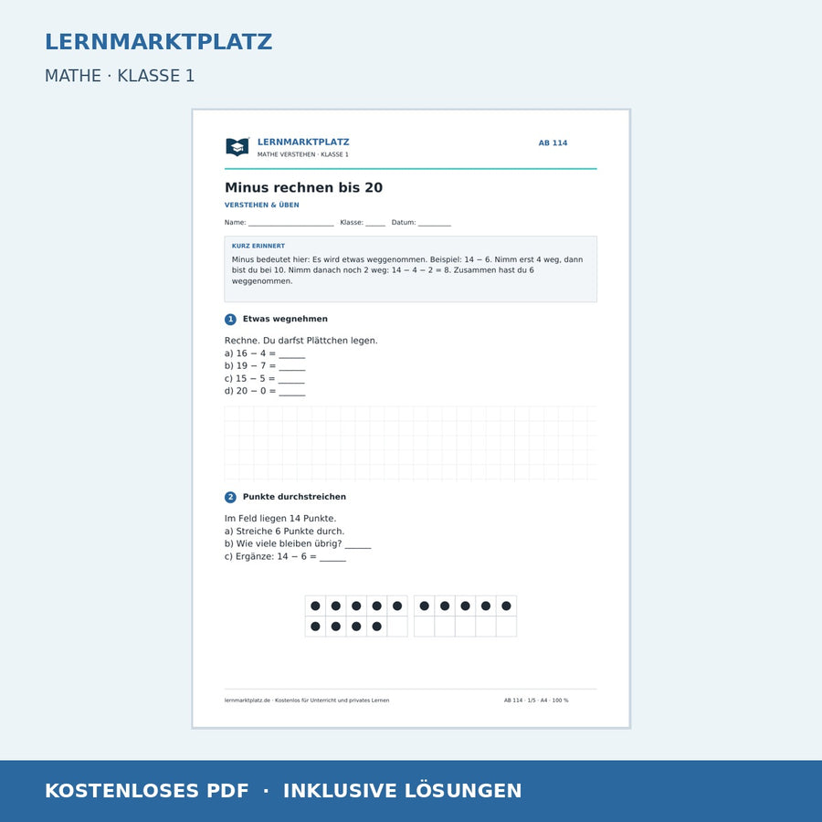 Minus rechnen bis 20 – kostenloses Mathe-Arbeitsblatt mit Lösungen (PDF)