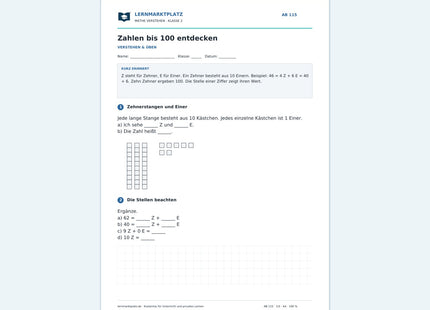 Zahlen bis 100 entdecken – kostenloses Mathe-Arbeitsblatt mit Lösungen (PDF)