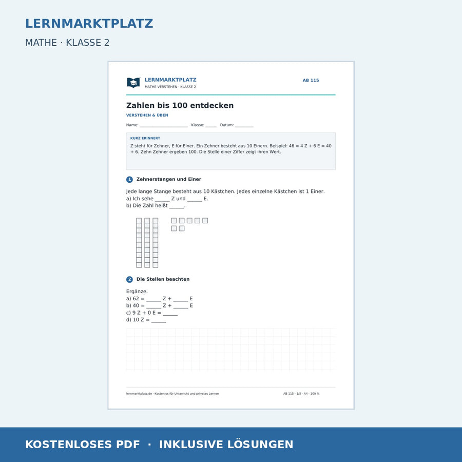Zahlen bis 100 entdecken – kostenloses Mathe-Arbeitsblatt mit Lösungen (PDF)