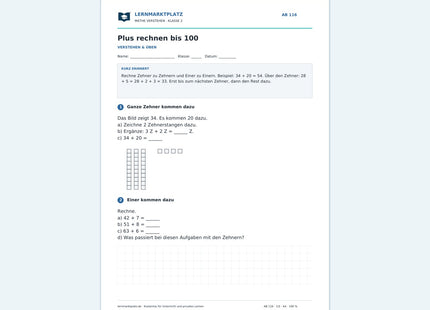 Plus rechnen bis 100 – kostenloses Mathe-Arbeitsblatt mit Lösungen (PDF)