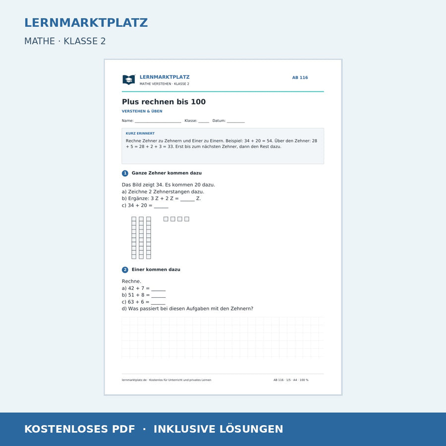 Plus rechnen bis 100 – kostenloses Mathe-Arbeitsblatt mit Lösungen (PDF)
