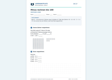Minus rechnen bis 100 – kostenloses Mathe-Arbeitsblatt mit Lösungen (PDF)