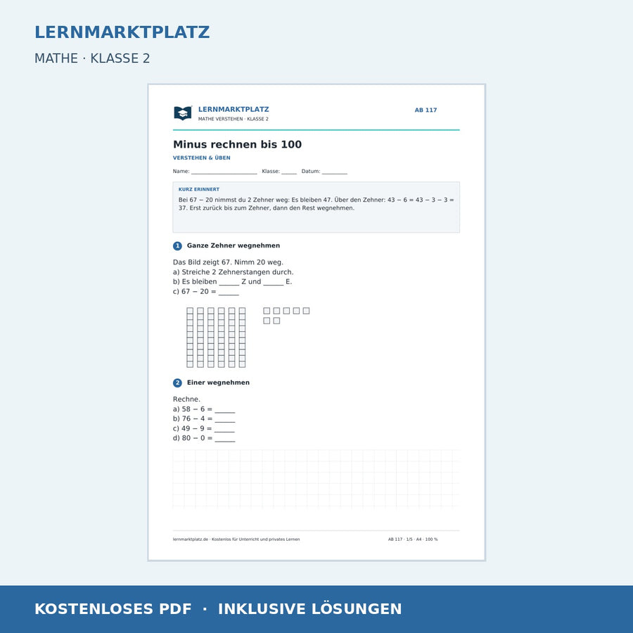 Minus rechnen bis 100 – kostenloses Mathe-Arbeitsblatt mit Lösungen (PDF)
