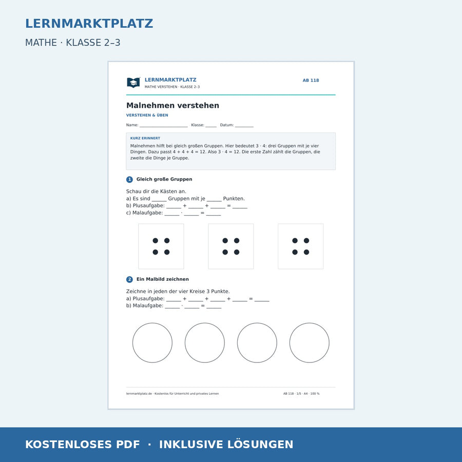 Malnehmen verstehen – kostenloses Mathe-Arbeitsblatt mit Lösungen (PDF)
