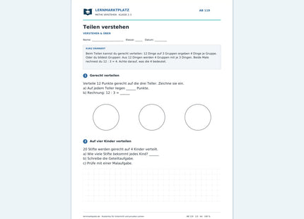 Teilen verstehen – kostenloses Mathe-Arbeitsblatt mit Lösungen (PDF)