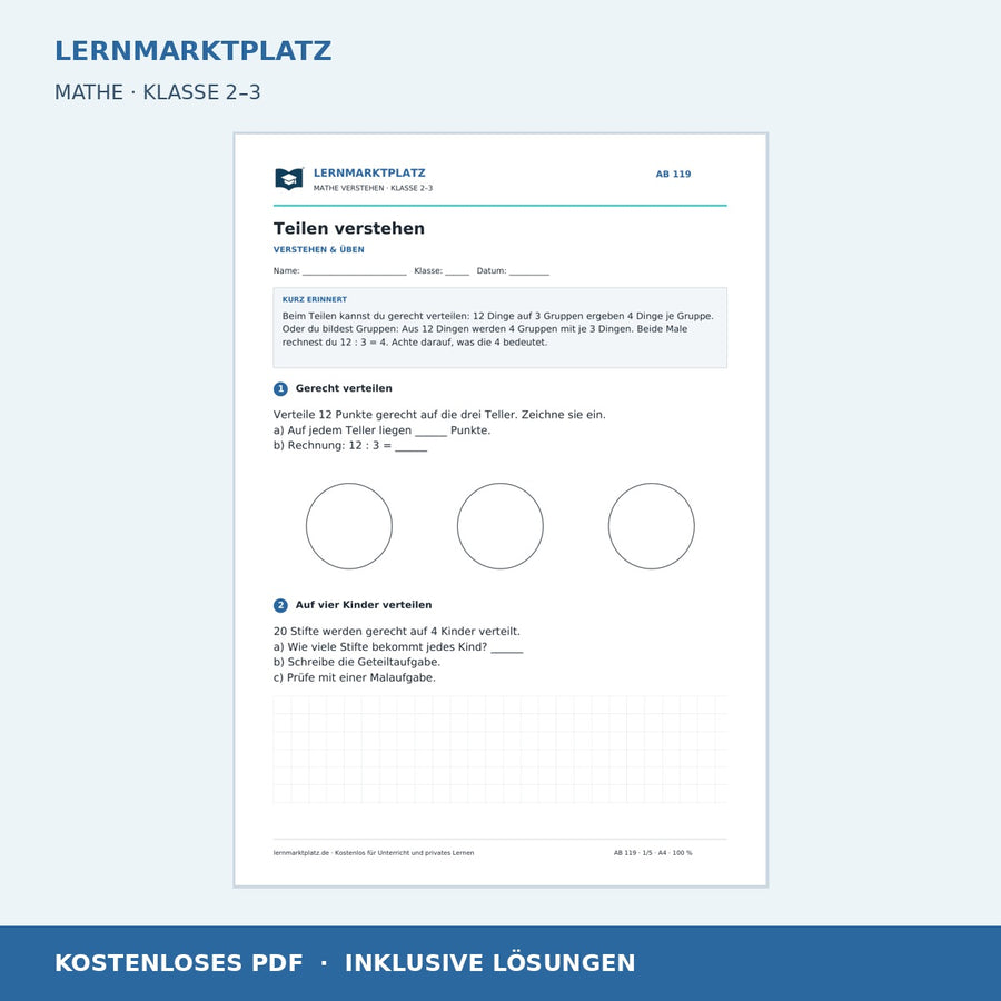 Teilen verstehen – kostenloses Mathe-Arbeitsblatt mit Lösungen (PDF)
