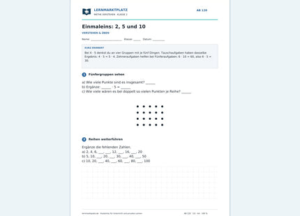 Einmaleins: 2, 5 und 10 – kostenloses Mathe-Arbeitsblatt mit Lösungen (PDF)