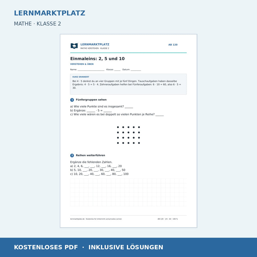Einmaleins: 2, 5 und 10 – kostenloses Mathe-Arbeitsblatt mit Lösungen (PDF)