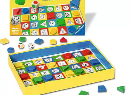 Colorama: Spielplan, bunte Formsteine, Würfel und Verpackung