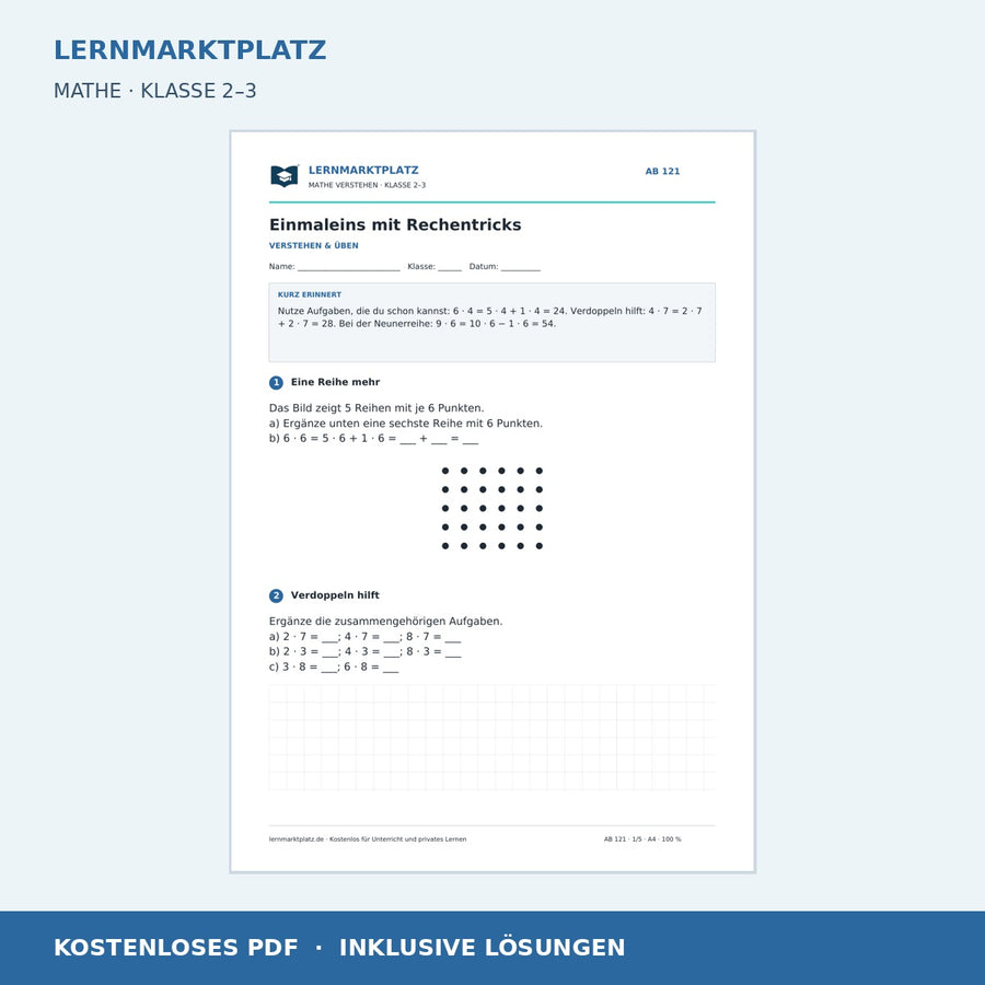 Einmaleins mit Rechentricks – kostenloses Mathe-Arbeitsblatt mit Lösungen (PDF)