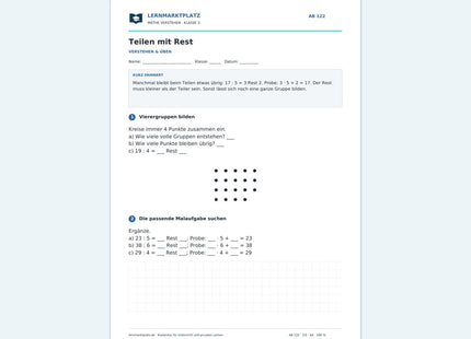 Teilen mit Rest – kostenloses Mathe-Arbeitsblatt mit Lösungen (PDF)