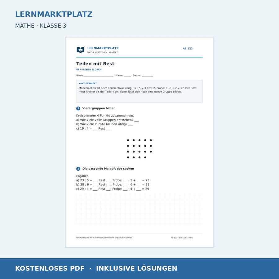 Teilen mit Rest – kostenloses Mathe-Arbeitsblatt mit Lösungen (PDF)