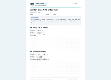 Zahlen bis 1.000 entdecken – kostenloses Mathe-Arbeitsblatt mit Lösungen (PDF)