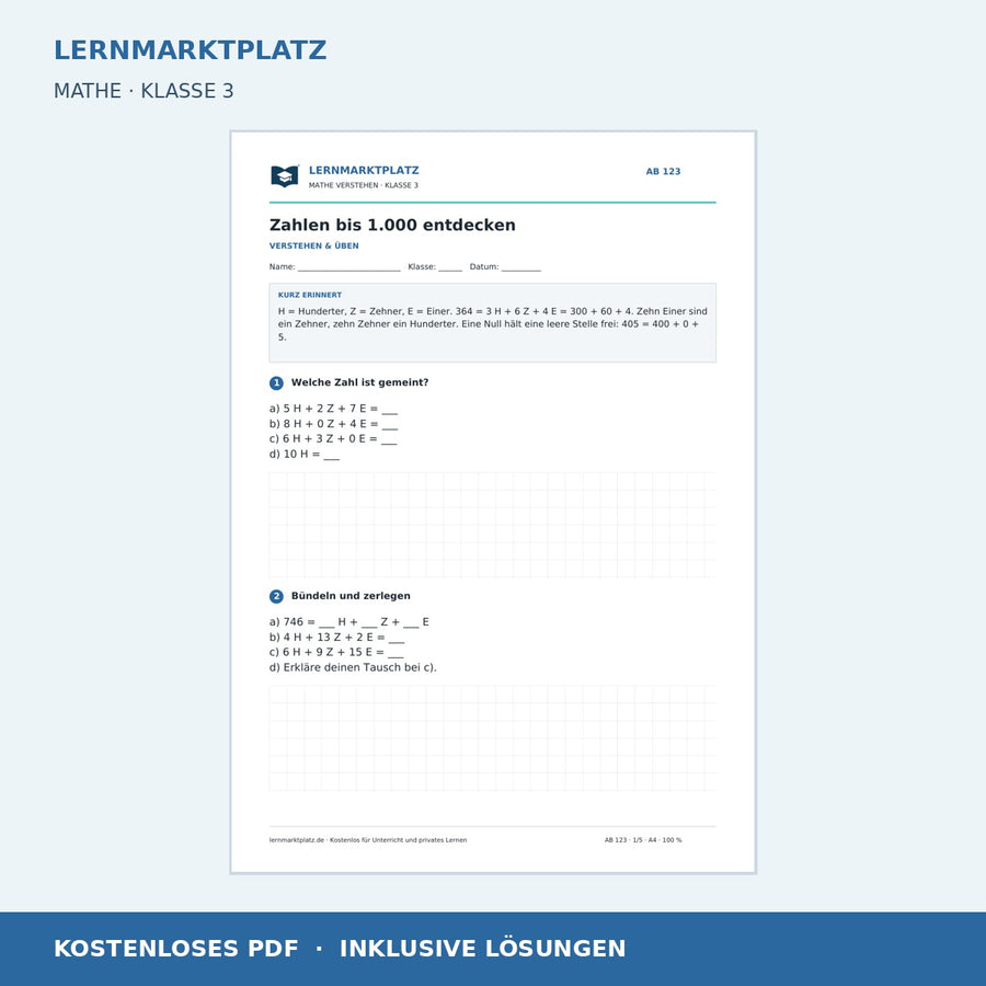 Zahlen bis 1.000 entdecken – kostenloses Mathe-Arbeitsblatt mit Lösungen (PDF)