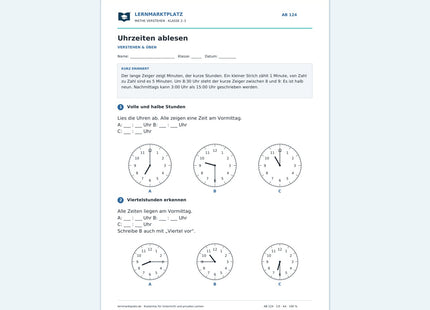 Uhrzeiten ablesen – kostenloses Mathe-Arbeitsblatt mit Lösungen (PDF)