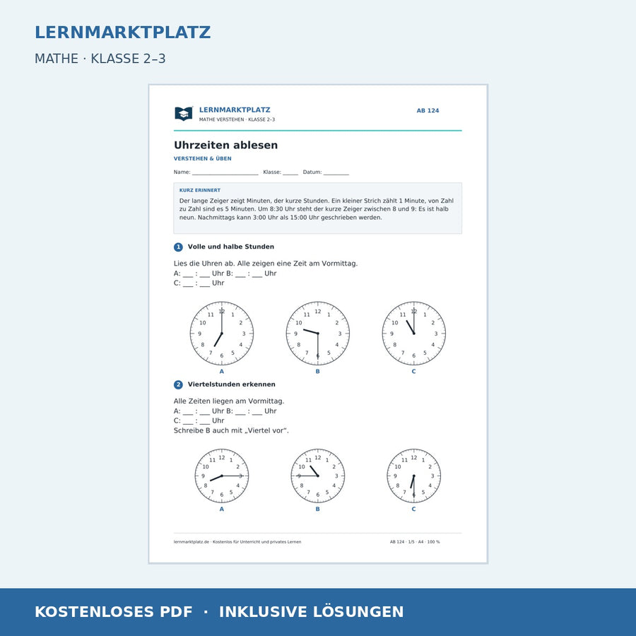 Uhrzeiten ablesen – kostenloses Mathe-Arbeitsblatt mit Lösungen (PDF)