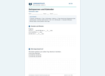 Zeitspannen und Kalender – kostenloses Mathe-Arbeitsblatt mit Lösungen (PDF)