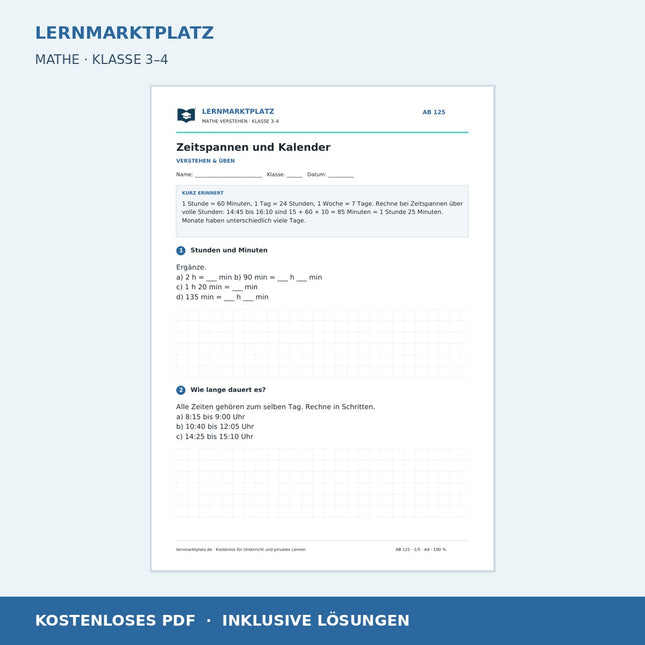 Zeitspannen und Kalender – kostenloses Mathe-Arbeitsblatt mit Lösungen (PDF)