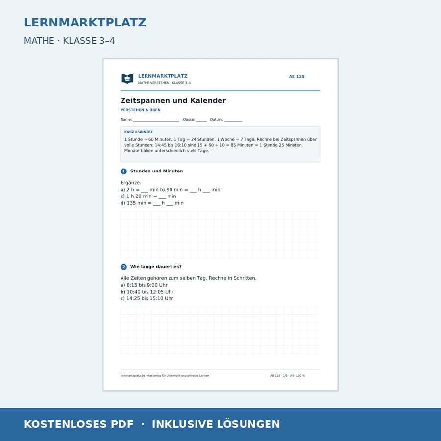 Zeitspannen und Kalender – kostenloses Mathe-Arbeitsblatt mit Lösungen (PDF)