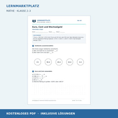 Euro, Cent und Wechselgeld – kostenloses Mathe-Arbeitsblatt mit Lösungen (PDF)