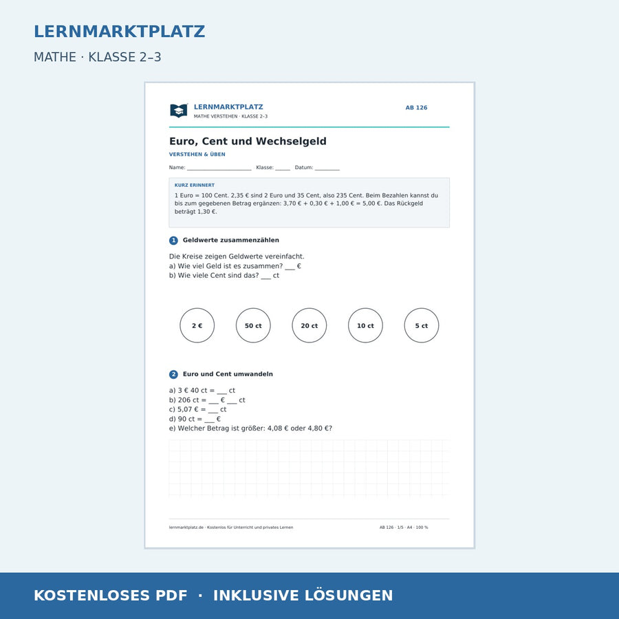 Euro, Cent und Wechselgeld – kostenloses Mathe-Arbeitsblatt mit Lösungen (PDF)