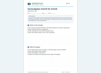 Sachaufgaben Schritt für Schritt – kostenloses Mathe-Arbeitsblatt mit Lösungen (PDF)