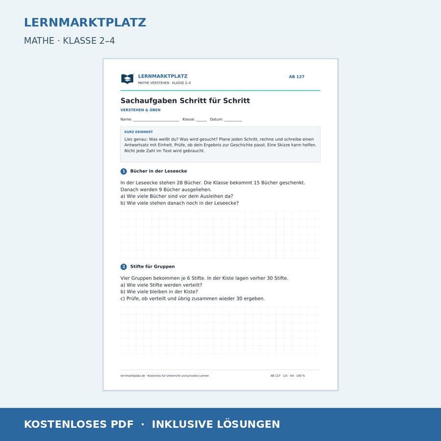 Sachaufgaben Schritt für Schritt – kostenloses Mathe-Arbeitsblatt mit Lösungen (PDF)