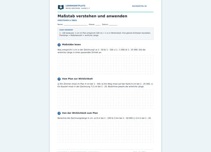 Maßstab verstehen und anwenden – kostenloses Mathe-Arbeitsblatt mit Lösungen (PDF) – Vorschau